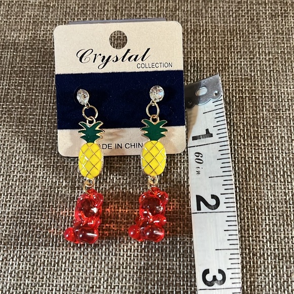 Rhinestone Stud Pierced Earrings with Dangly Pineapples & Bears, Oh My! NWT - Picture 2 of 3
